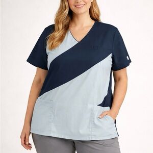 Butter-Soft Stretch Women's Scrub Top XL Blue Colorblock V-Neck